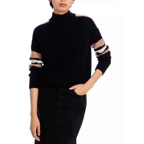 Luxurious 100% Cashmere Stripe Sleeve Mock Neck Sweater By Aqua in Black / Oatme - Picture 2 of 5